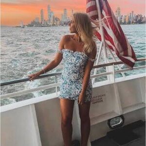 LAURA JADE BLUE FLORAL BARDOT FRILL MINI DRESS D18